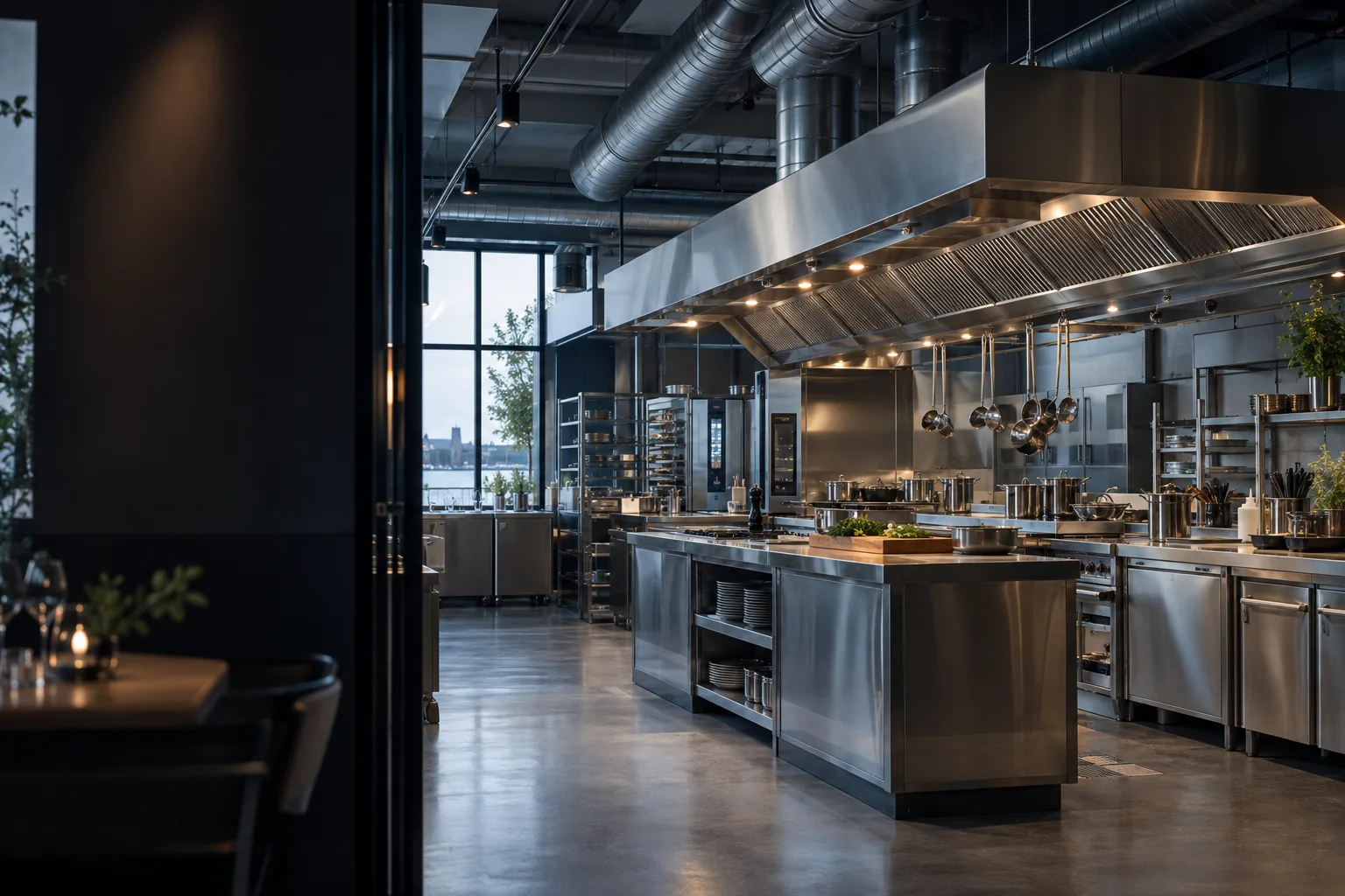 AI-generated illustration of a professional kitchen with stainless steel ventilation canopies